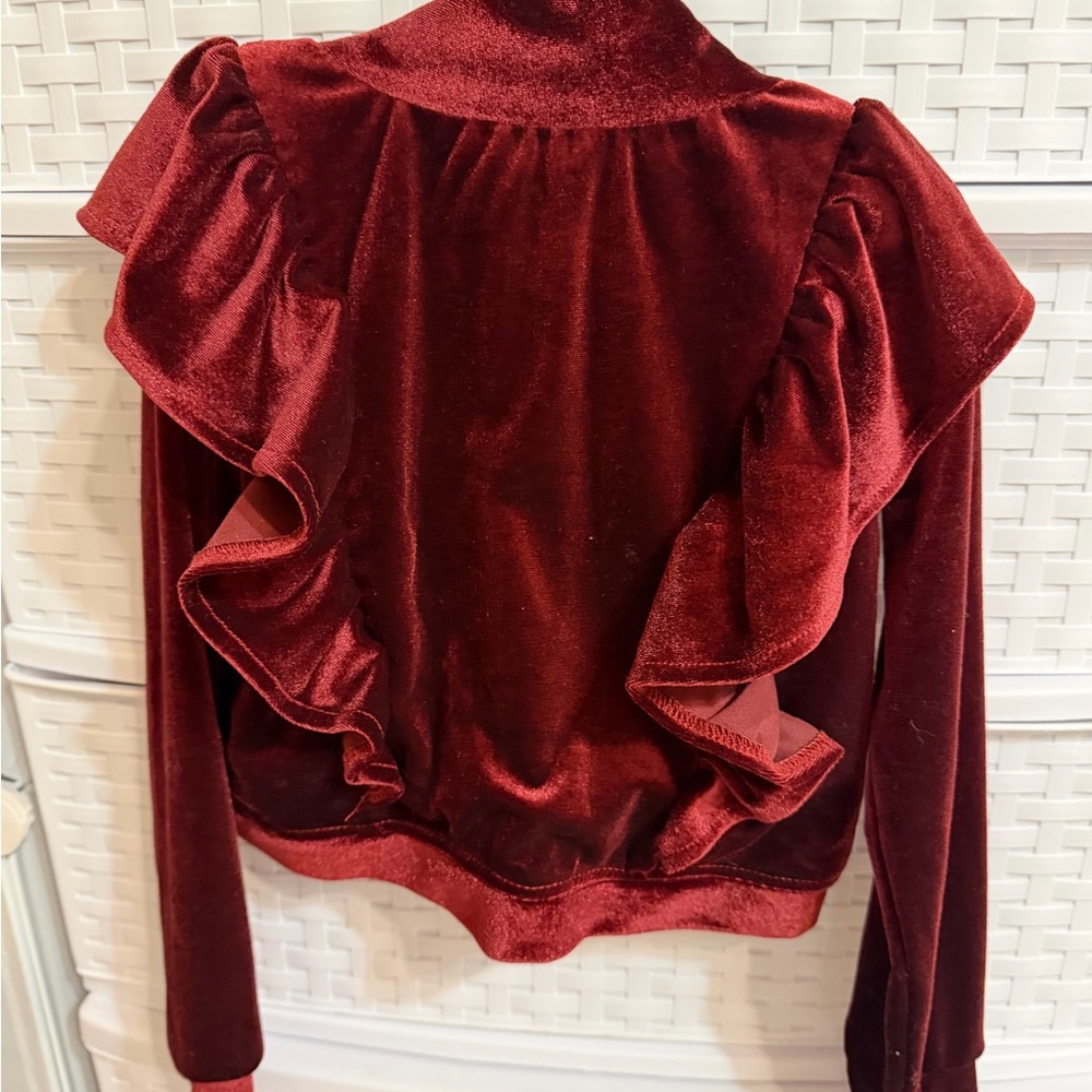 Joyfolie Burgundy Velvet Ruffle Jacket - Picture 4 of 8